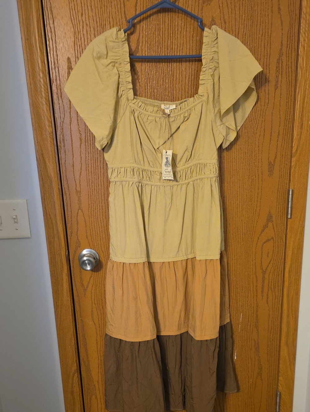 Tiered Cotton Blend Maxi Dress in Light Olive, Mustard & Brown